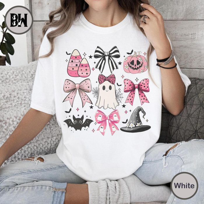 Coquette Bow Halloween Comfort Color Shirt Coquette Halloween Bow Shirt Pink Halloween Sublimation Ghost Pumpkin Shirt Spooky Season Shirt Halloween Shirt