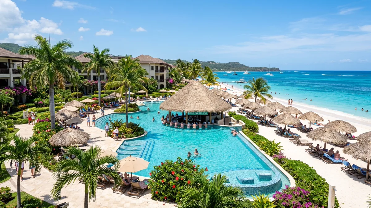 All inclusive resort beachfront pool and luxury sundeck amenities All inclusive resort swimming pool and tropical beach loungers