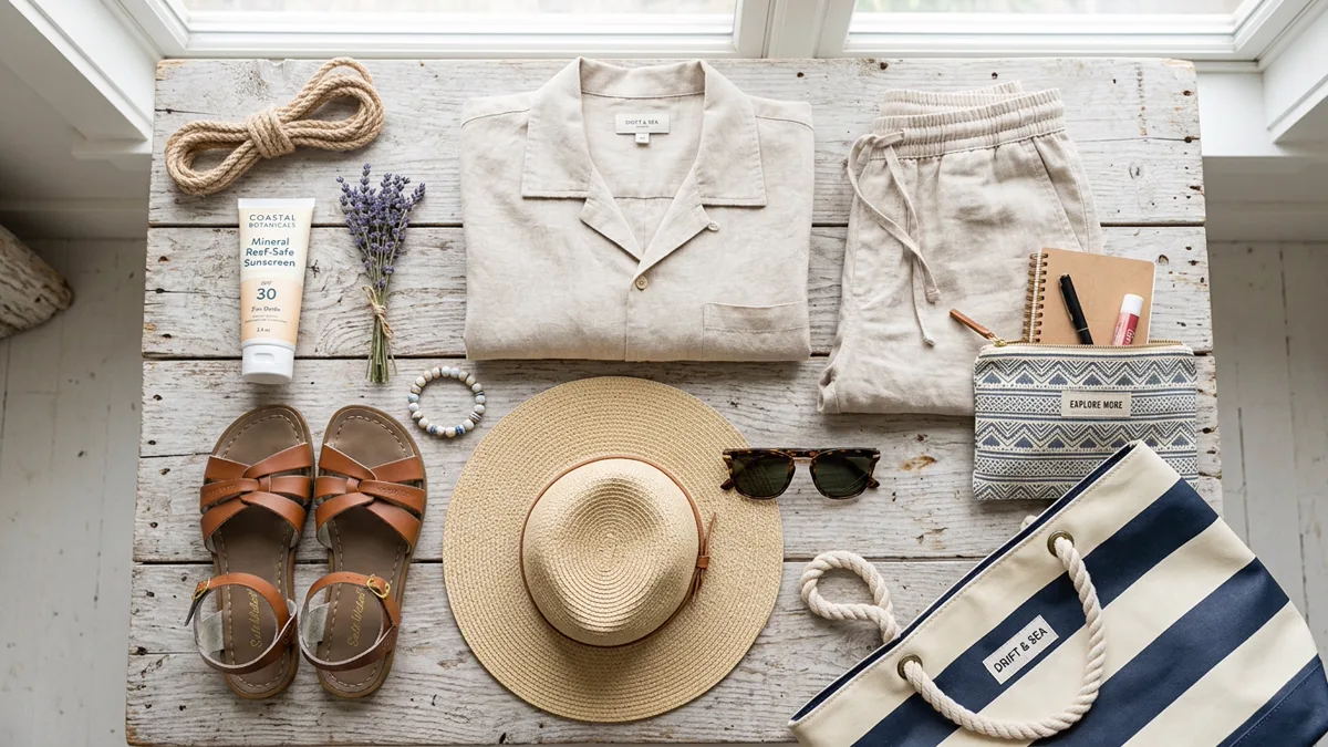Beach vacation packing list linen clothing and sun protection accessories Beach vacation packing list flat lay with linen shirt and reef-safe sunscreen