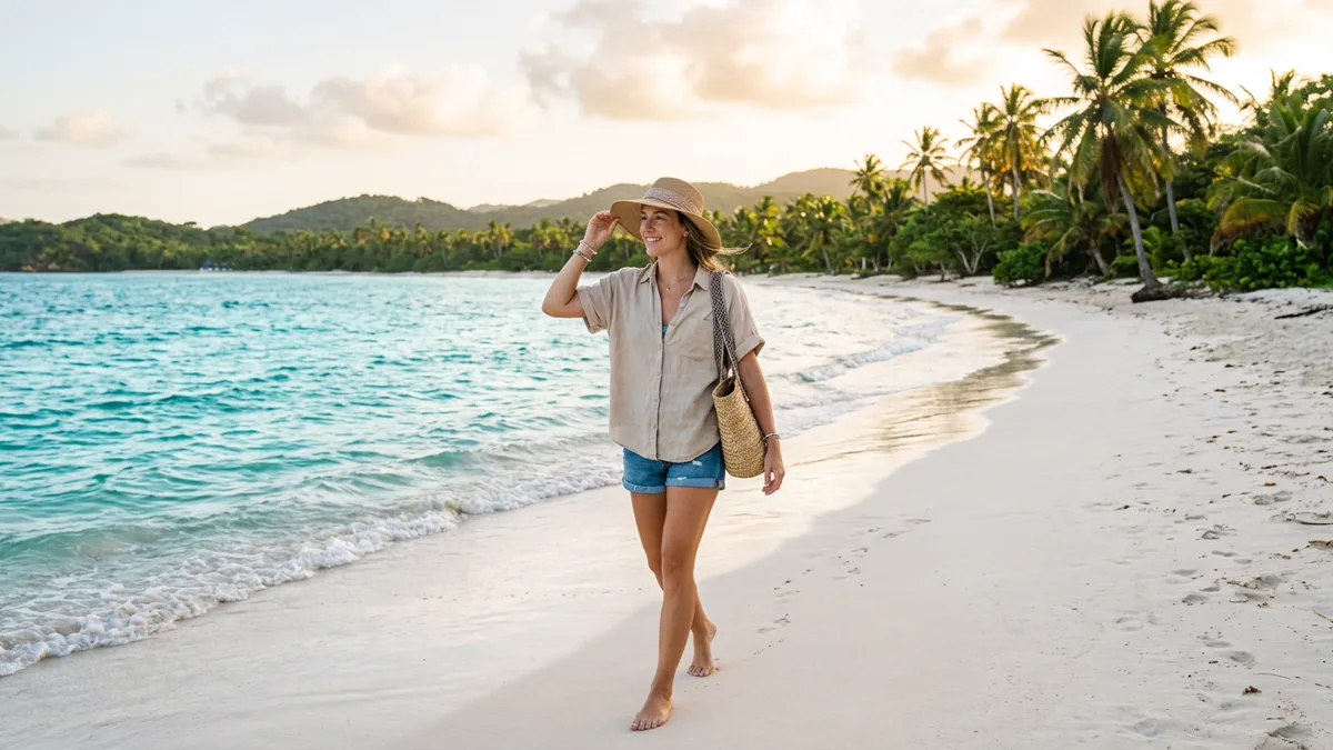 Beach vacation sun protection linen clothing and straw hat Traveler wearing wide-brim sunhat and linen shirt on tropical white sand beach