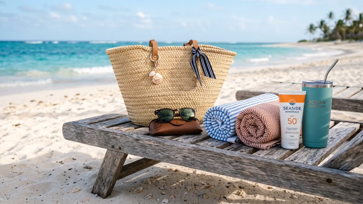 Beach vacation woven tote bag with Turkish towels and insulated tumbler Beach tote bag resting on lounger beside mineral sunscreen and water tumbler