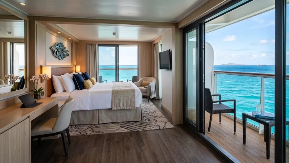 Best cabin on a cruise ship showing elegant balcony stateroom overlooking ocean