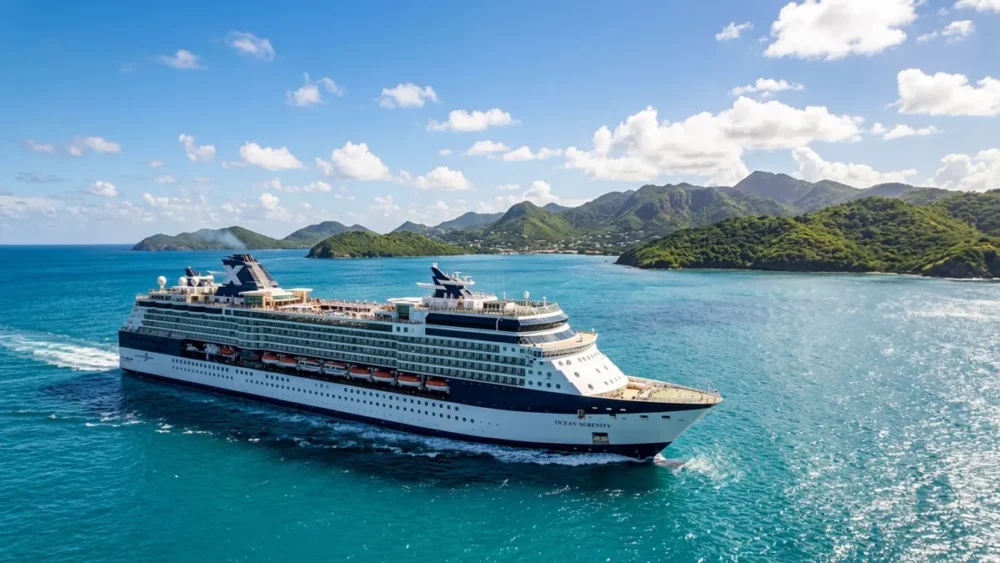 Best time to cruise Caribbean waters showing cruise ship in sunny turquoise waters