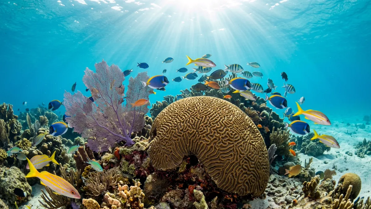 Caribbean coral reef ecosystem with sea fan corals and tropical fish Underwater view of pristine brain coral and sea fan coral with fish