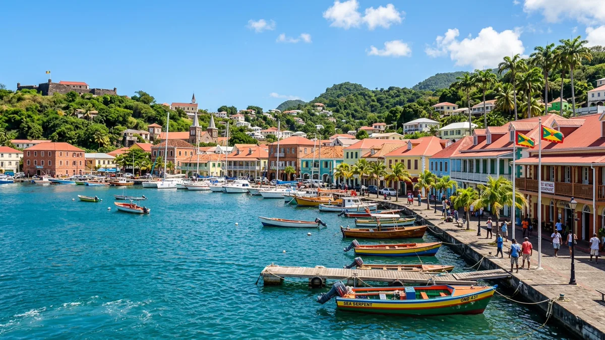 Southern Caribbean cruise port harbor with sunny skies and turquoise ocean