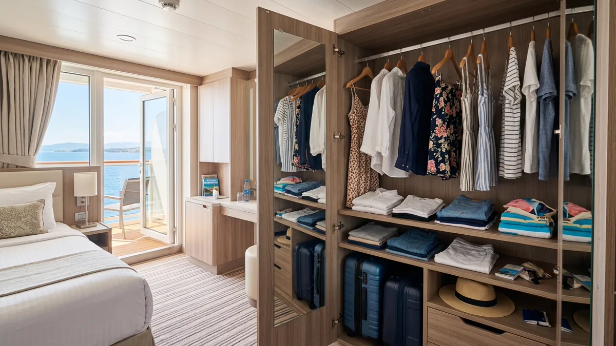 cruise-cabin-storage-and-outfit-planning Cruise ship cabin stateroom closet with organized resort wear outfits