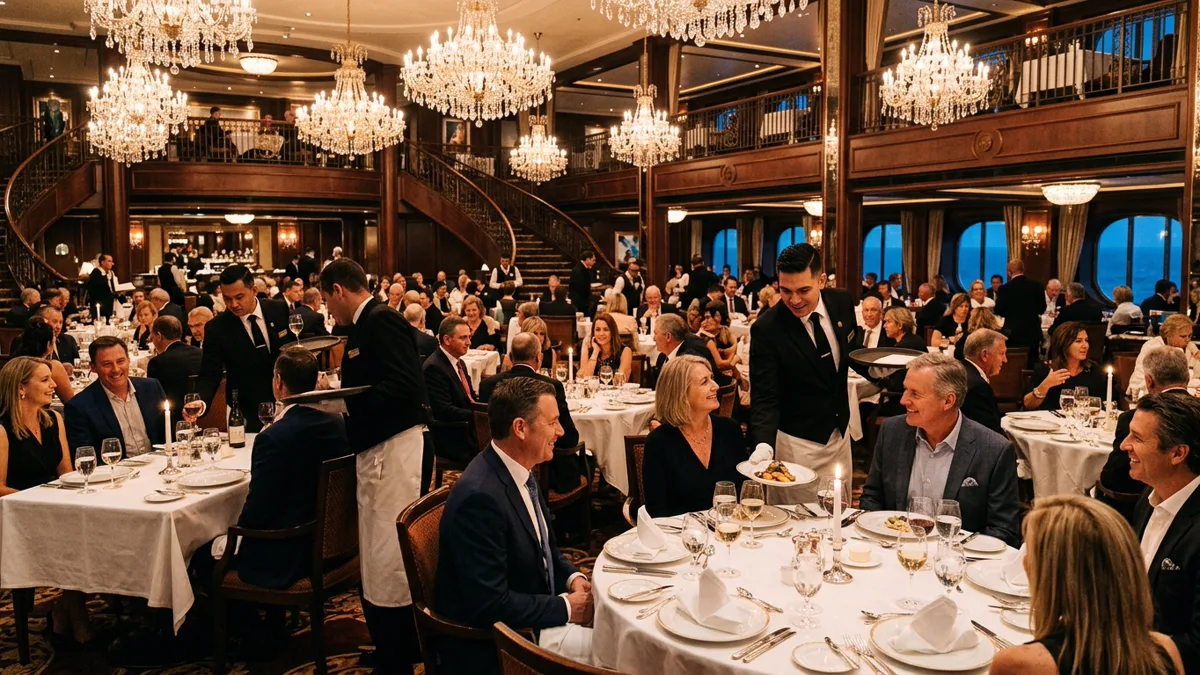 Cruise gratuities dining room service staff and culinary crew Cruise gratuities main dining room waitstaff serving dinner to guests