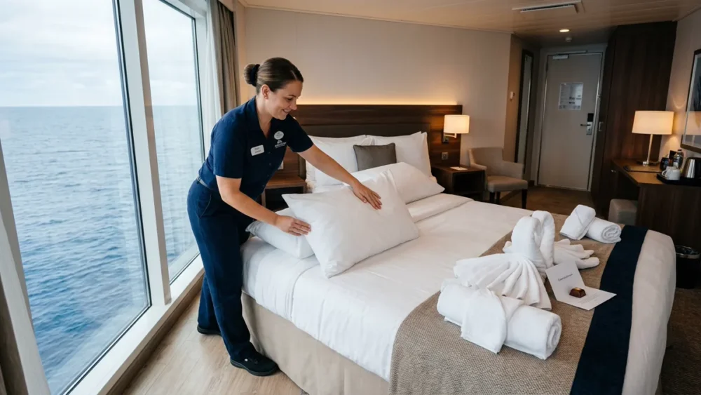 Cruise gratuities stateroom service staff ensuring clean cabin and fresh towels