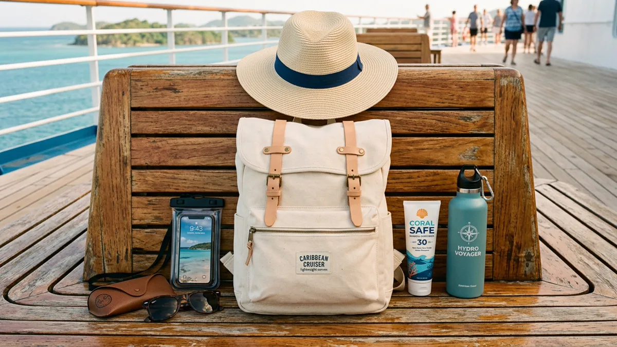 cruise-port-daypack-and-excursion-gear Cruise excursion daypack with reef safe sunscreen and reusable water bottle