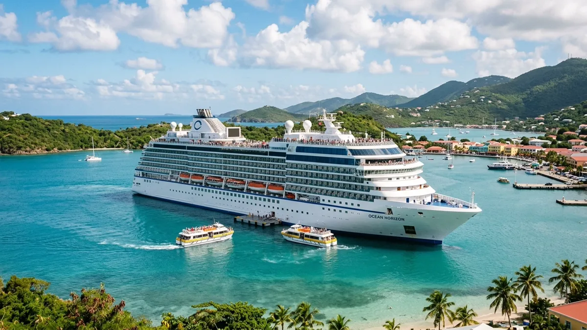 cruise-ship-anchored-harbor-tender-port Cruise ship anchored offshore in calm turquoise Caribbean bay with tender shuttles