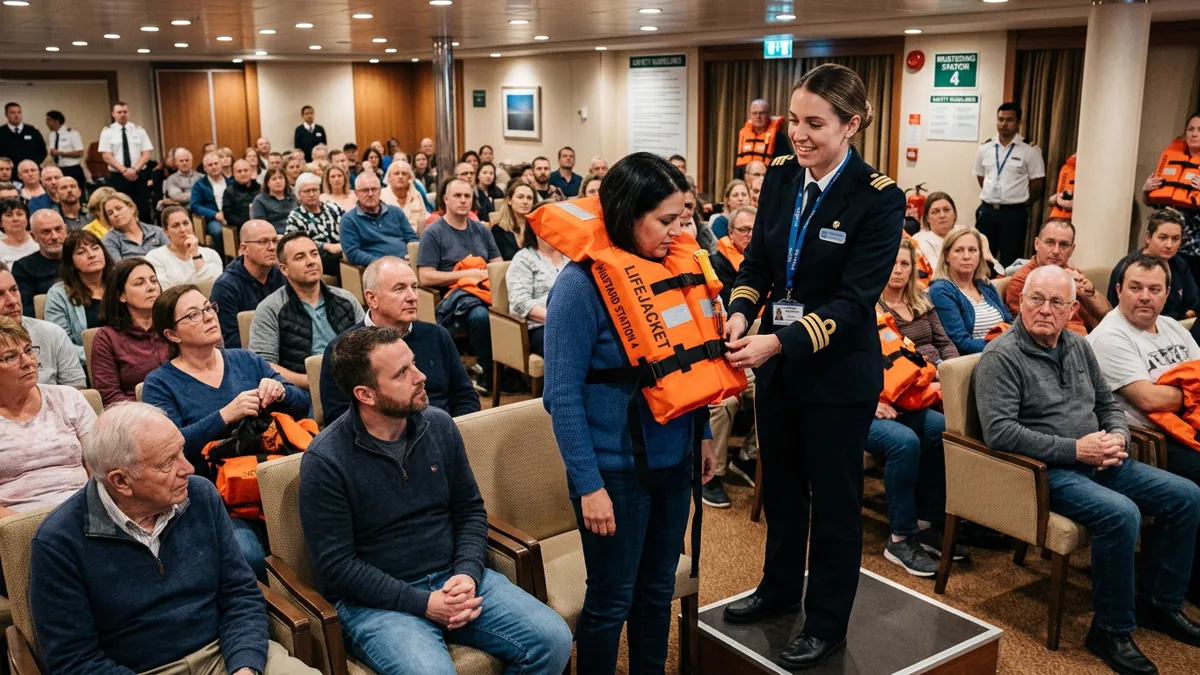 Cruise ship crew lifejacket safety demonstration inside assembly lounge Cruise ship crew demonstrating proper emergency lifejacket fitting technique
