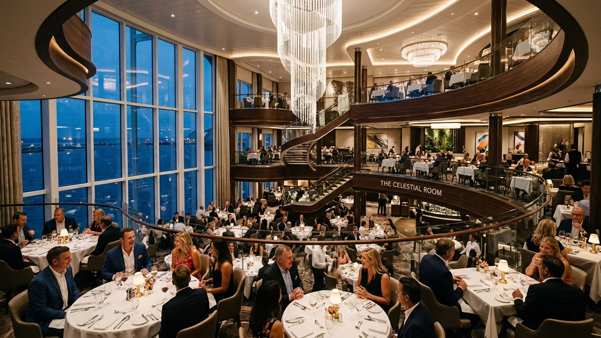 Cruise ship main dining room atrium and entertainment venue Cruise ship multi-tier dining room with guests having dinner