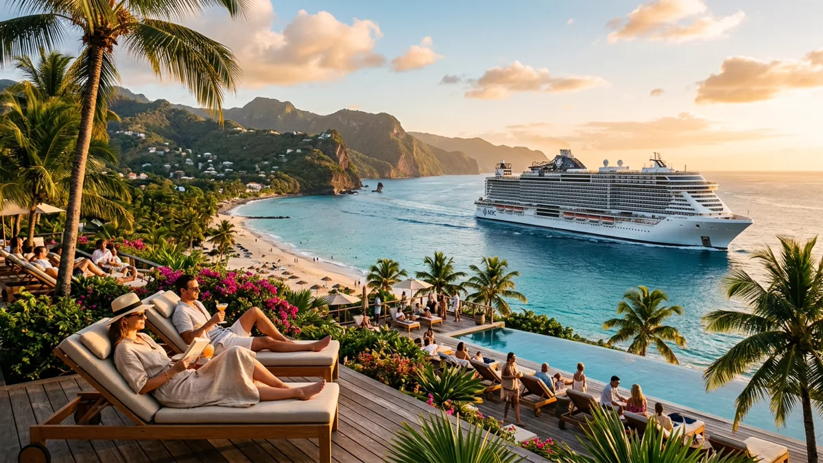 Cruise vs all inclusive tropical resort travel style comparison Cruise vs all inclusive resort overlooking turquoise ocean bay