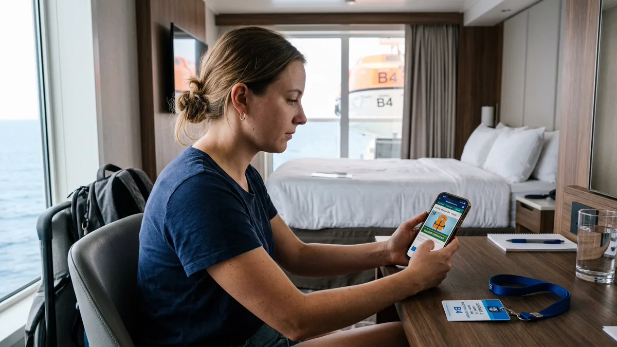 Digital e-muster drill smartphone safety video and briefing check-in Cruise passenger completing digital e-muster drill on smartphone app
