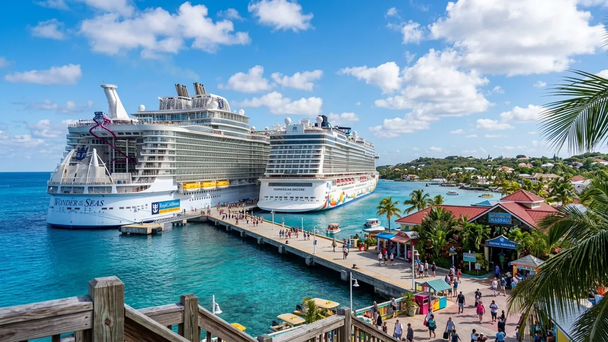 Eastern vs Western Caribbean cruise ships docked at a sunny tropical port terminal