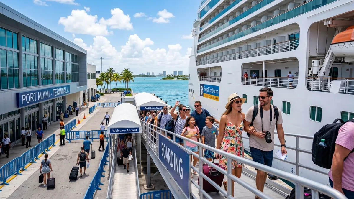 first-time-cruise-embarkation-terminal-boarding First time cruise travelers walking across the embarkation terminal bridge