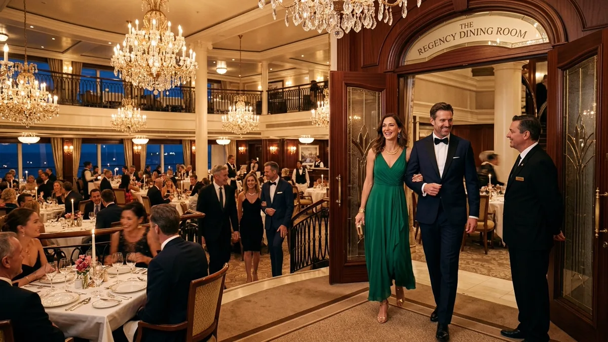 Formal night cruise guests in elegant evening wear entering grand dining room