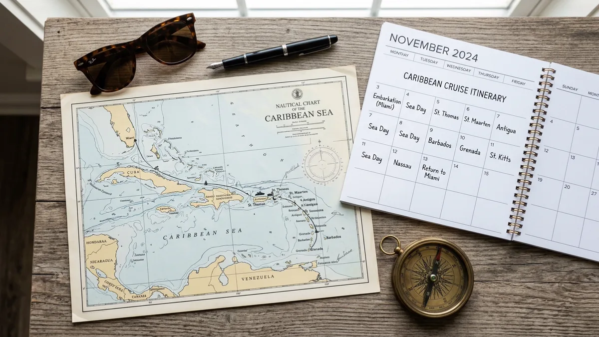 Caribbean cruise weather and calendar planning map with monthly departure schedule
