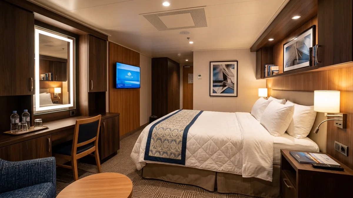 inside-cabin-cruise-stateroom-layout Inside cabin cruise stateroom interior with comfortable twin beds and lighting