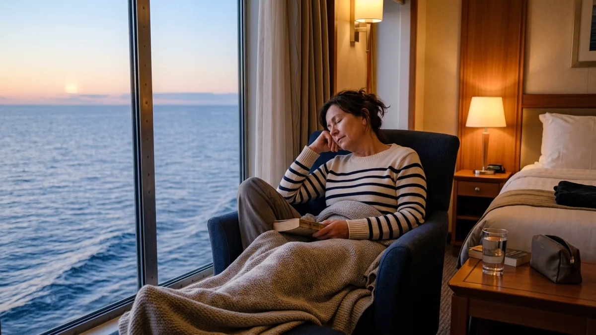 Cruise passenger resting peacefully in a midship stateroom armchair by ocean window