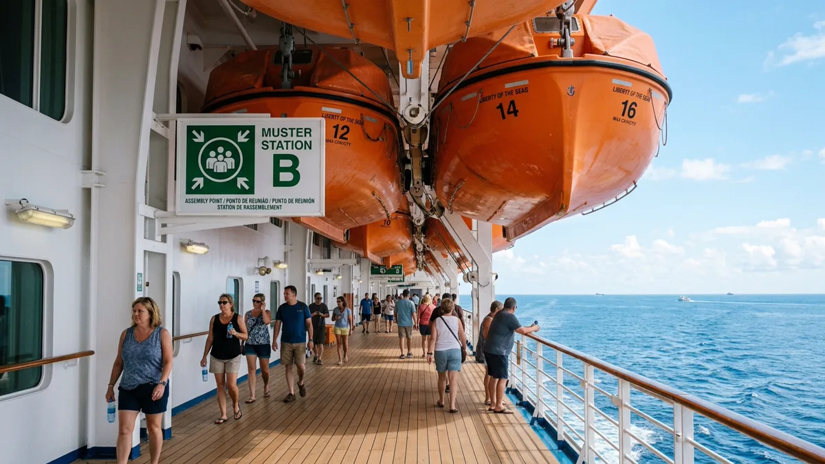 Cruise ship muster drill assembly station signage on promenade deck Cruise muster drill station sign hanging beside orange lifeboats