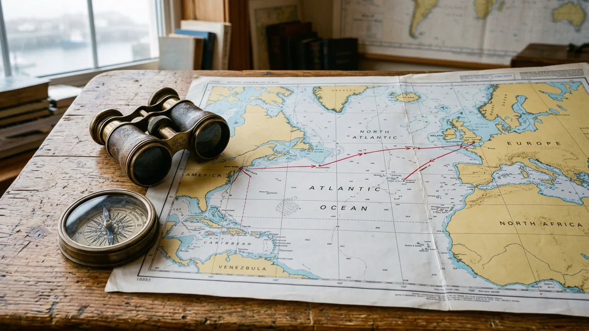 Transatlantic repositioning cruise route map and nautical navigational chart Navigational sea chart showing transatlantic cruise route across Atlantic