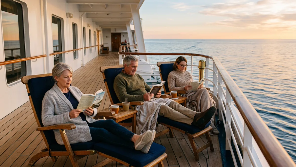 Cruise passengers relaxing on teak promenade deck chairs during sea day Cruise passengers reading books and relaxing on ocean deck chairs