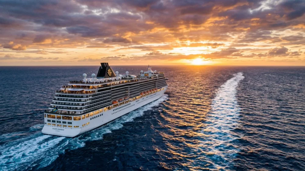 Modern cruise ship sailing open blue ocean on a repositioning cruise