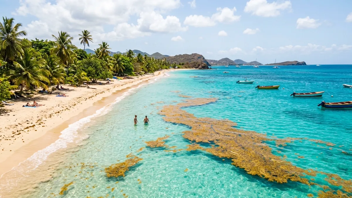 sargassum-season-caribbean-ocean-drifting Sargassum season Caribbean ocean with natural seaweed drifting in clear turquoise water