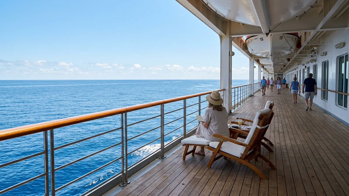 sea-day-cruise-promenade-deck Sea day cruise passenger relaxing on wooden promenade deck looking at open sea