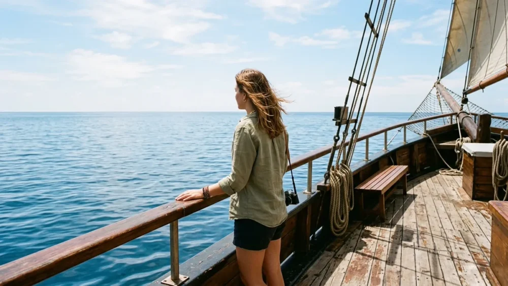 Seasickness on a cruise traveler looking out at open ocean horizon from wooden deck
