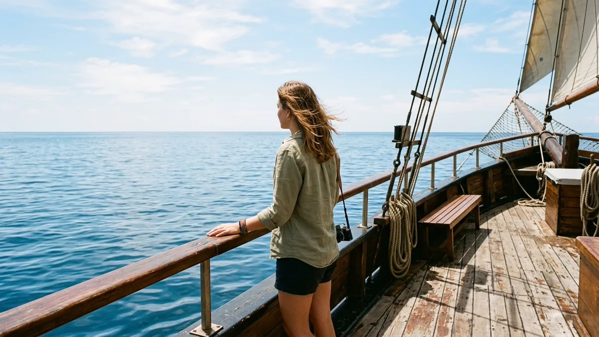 Seasickness on a cruise traveler looking out at open ocean horizon from wooden deck