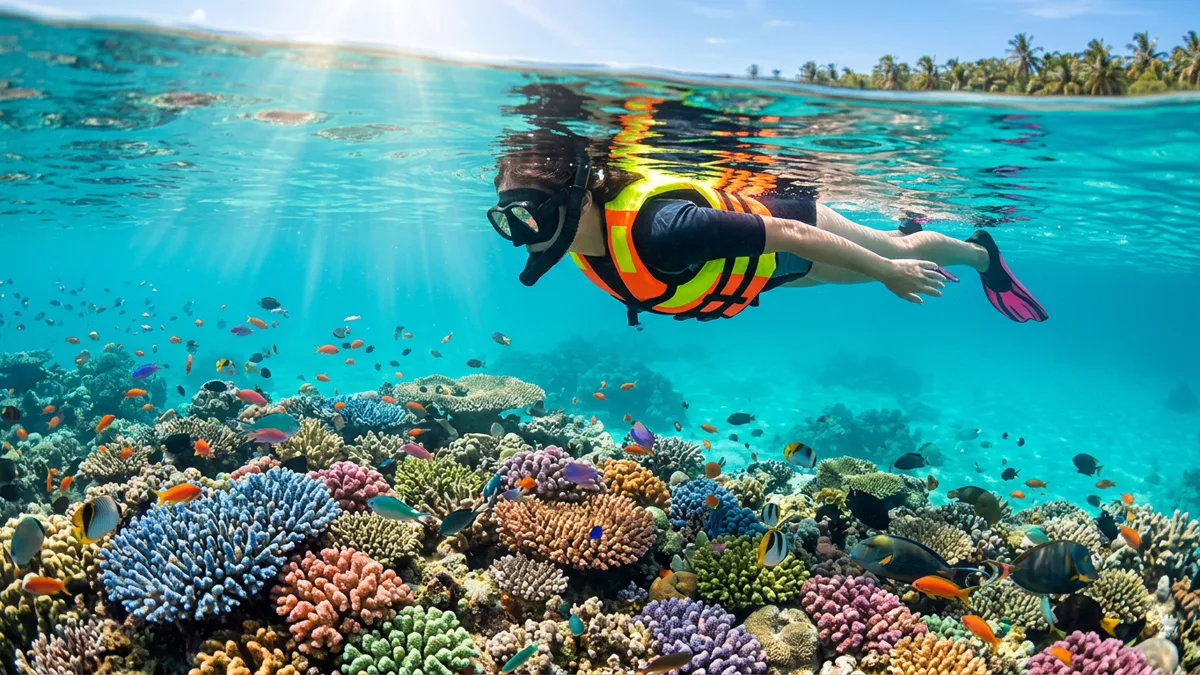 Snorkeler floating calmly over shallow coral reef with safety vest Snorkeler wearing high visibility safety vest floating above tropical coral reef
