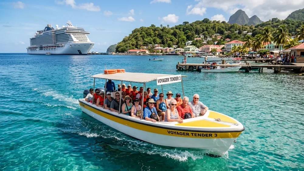 Tender port cruise shuttle boat transporting passengers across turquoise water