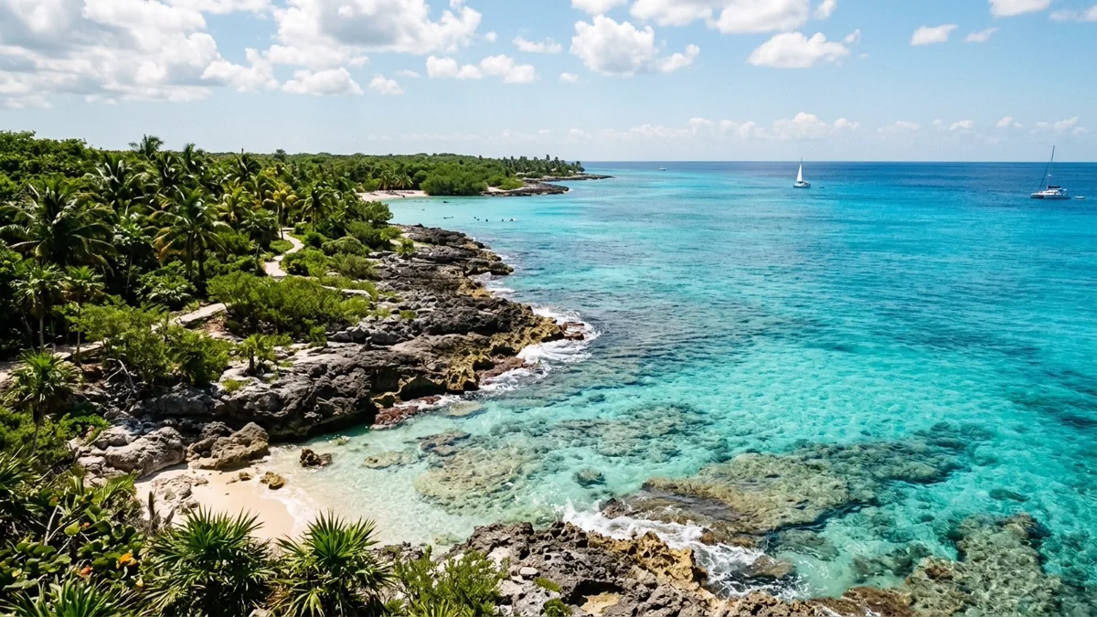 Western Caribbean cruise coastal landscape in Cozumel showing turquoise water and reef