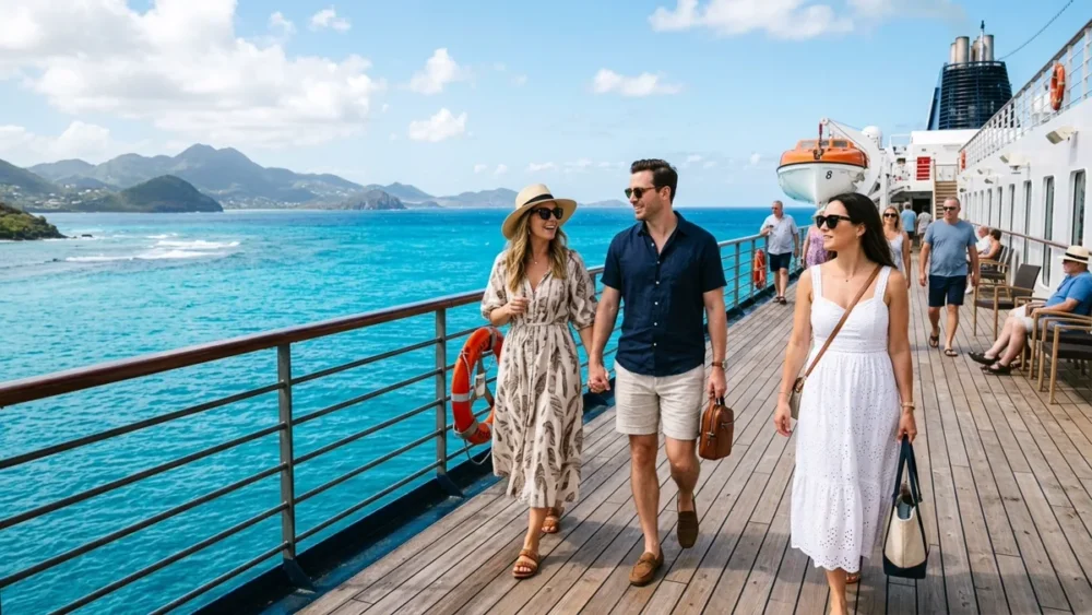 What to wear on a cruise showing travelers walking on open deck in resort wear